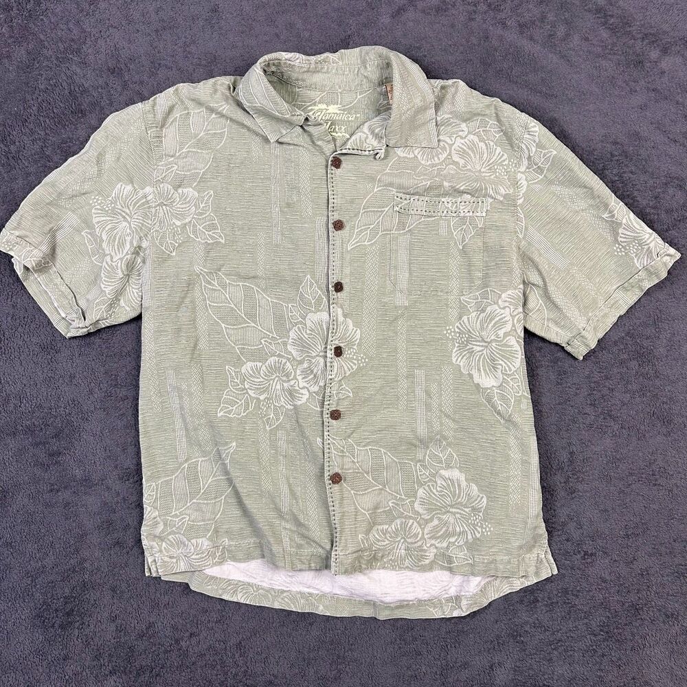 Jamaica Jaxx Green Floral Hawaiian Shirt Men’s Medium 100% Silk Aloha Island